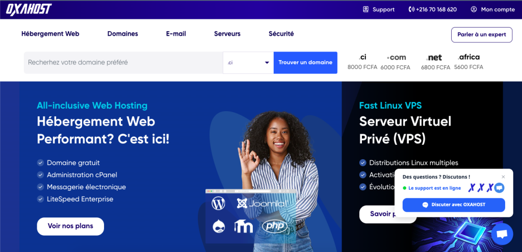 Page d'accueil de Oxahost, un hébergeur web côte d'ivoire