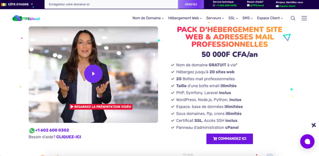 Page d'accueil de TPEcloud, un hébergeur web côte d'ivoire