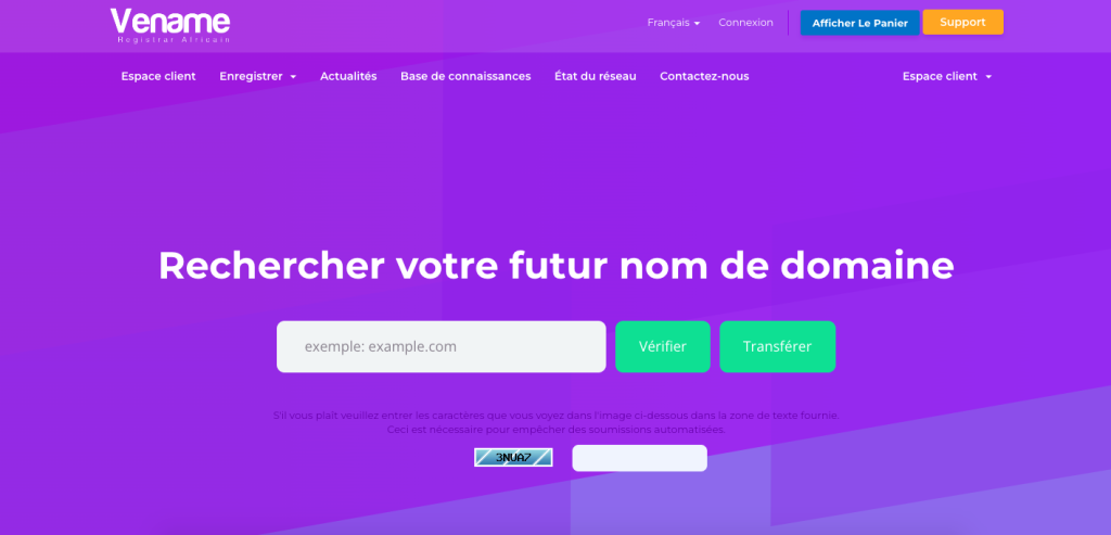 Page d'accueil de Vename, un hébergeur web côte d'ivoire